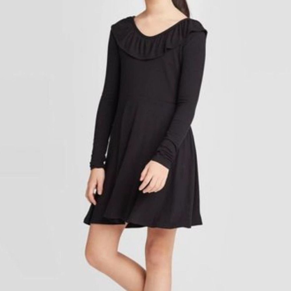 Art Class- Long Sleeve Black Rib Ruffle Neck Dress